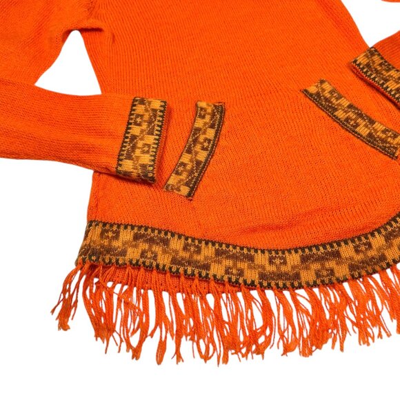 VTG 100% Alpaca Hooded Fringe Sweater Sz.S Orange Cabin Aztec Western Cowgirl - Picture 12 of 14